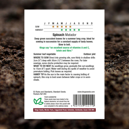 Vegetable Seeds - Spinach Matador - Pack Reverse